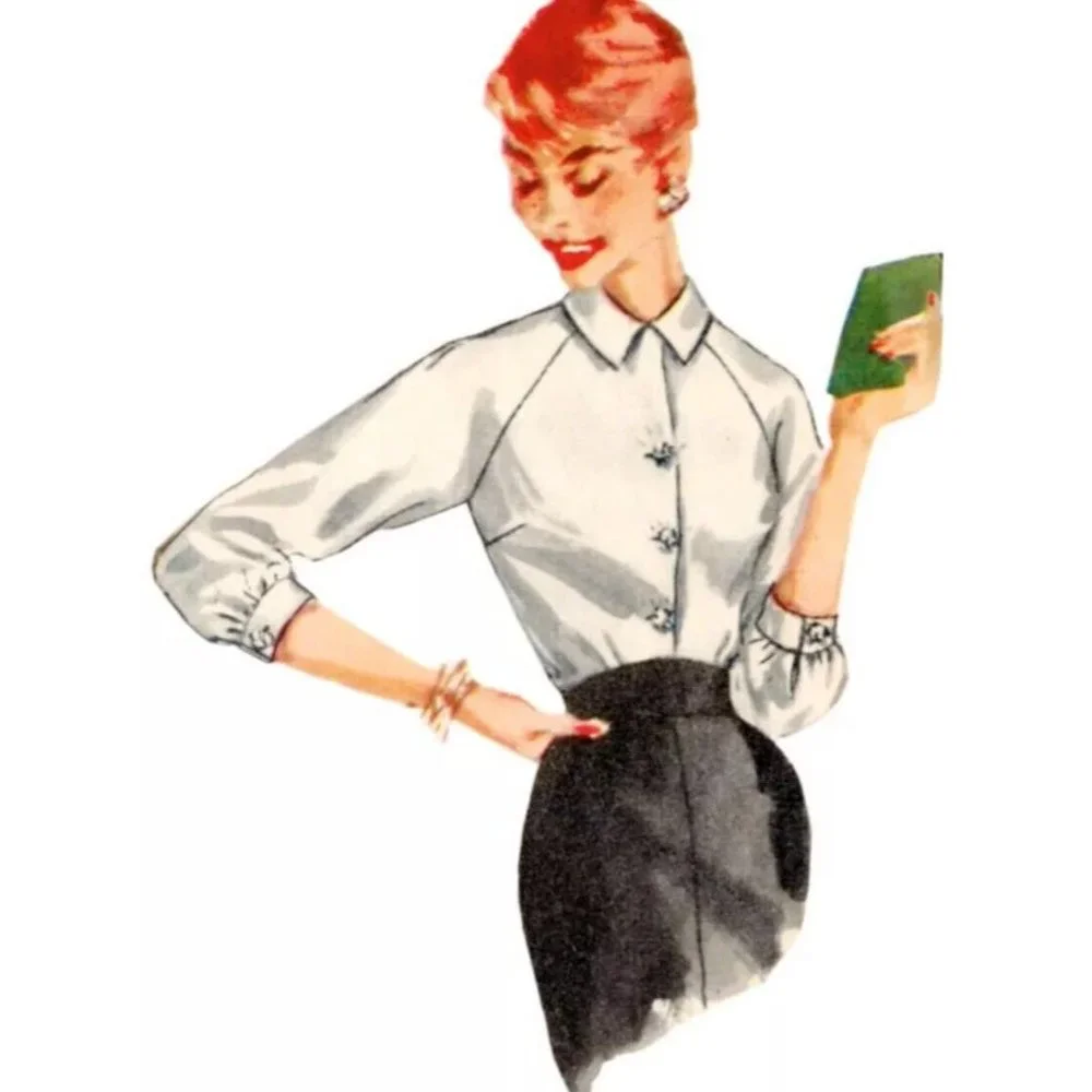 Simplicity Pattern 9818 Vintage 50s Button Up Short 3/4 Sleeve Blouse Size 14-22